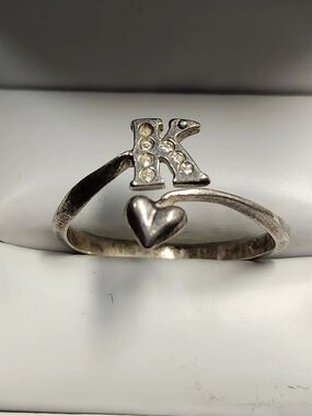 Vtg Avon Sterling Silver 925 Heart Initial "K" Bypass Adjustable Ring 8